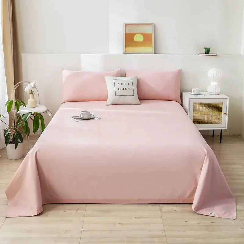 Soft blush pink satin bed sheet with smooth drape complements decorbites cartoon printed cotton bedspread bedroom decor