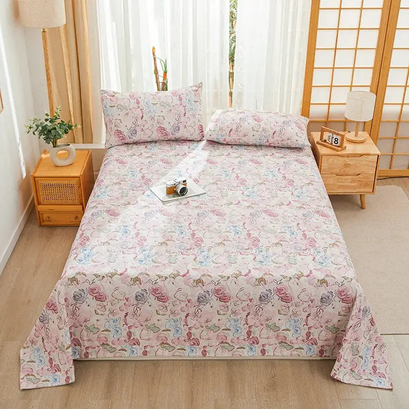 Green and white panda cartoon printed cotton bedspread with pink floral pastel roses for decorbites cartoon printed bedroom decor