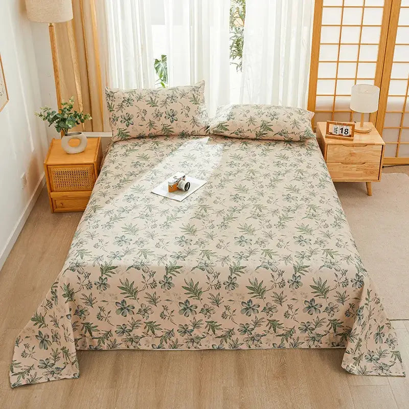 Beige printed cotton bedspread with delicate green botanical pattern for decorbites cartoon printed bedroom decor