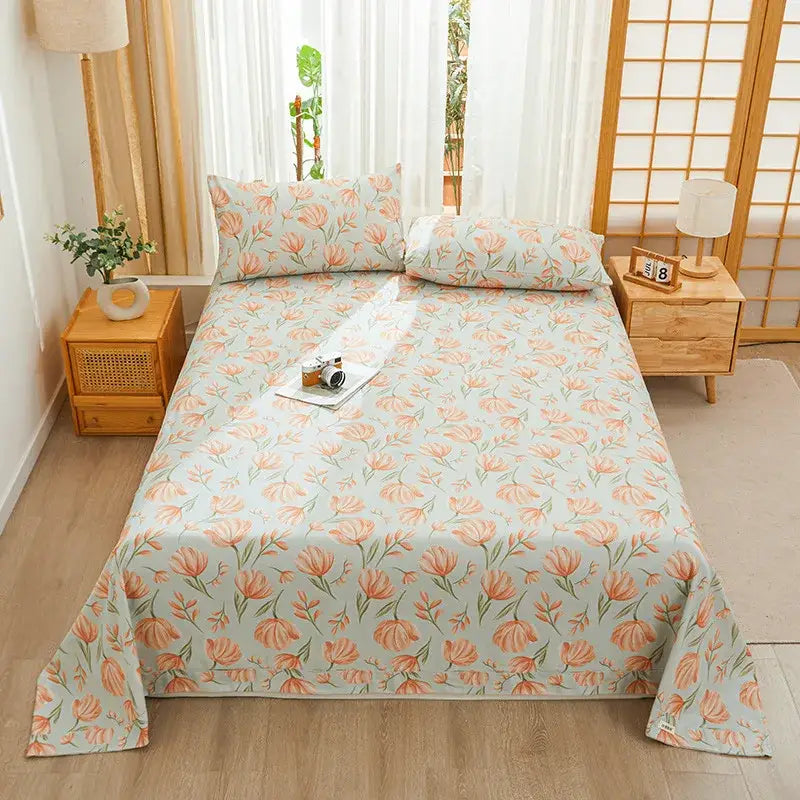 Pastel peach floral printed cotton bedspread with matching pillowcases and soft mint green base for decorbites cartoon printed bedroom decor