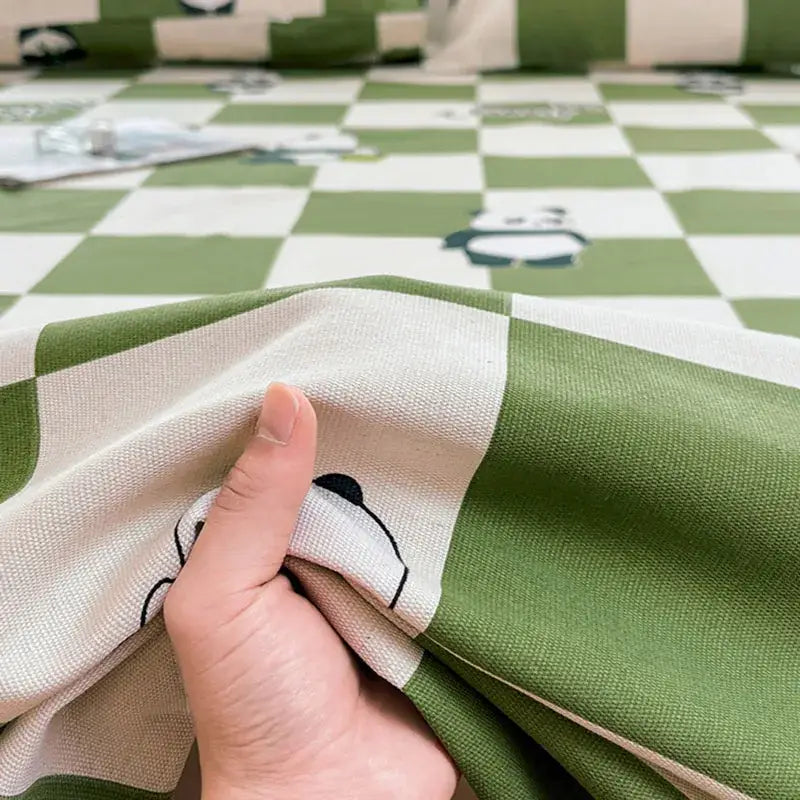 Green and white checkered decorbites cartoon printed cotton bedspread with black panda illustrations for bedroom decor