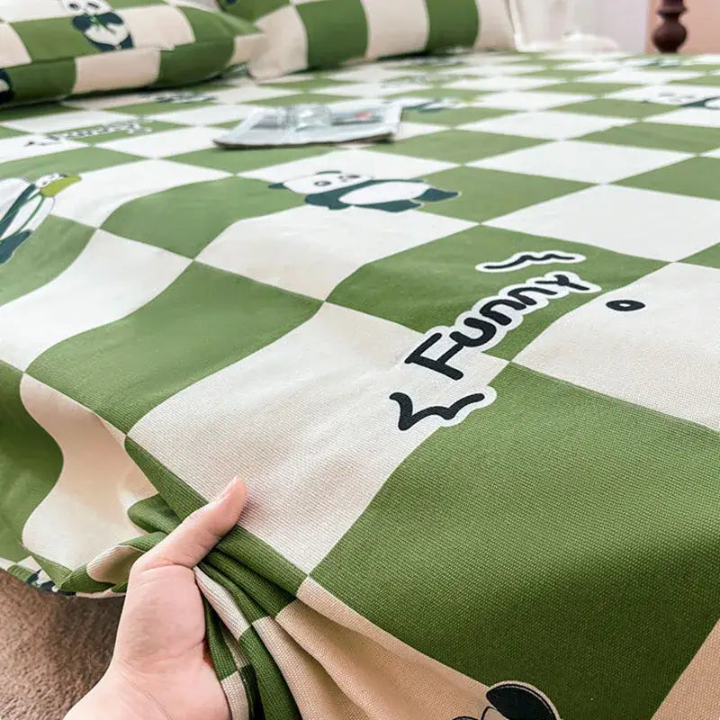 Green and cream checkered cartoon printed cotton bedspread with panda prints and funny script for bedroom decorbites decor