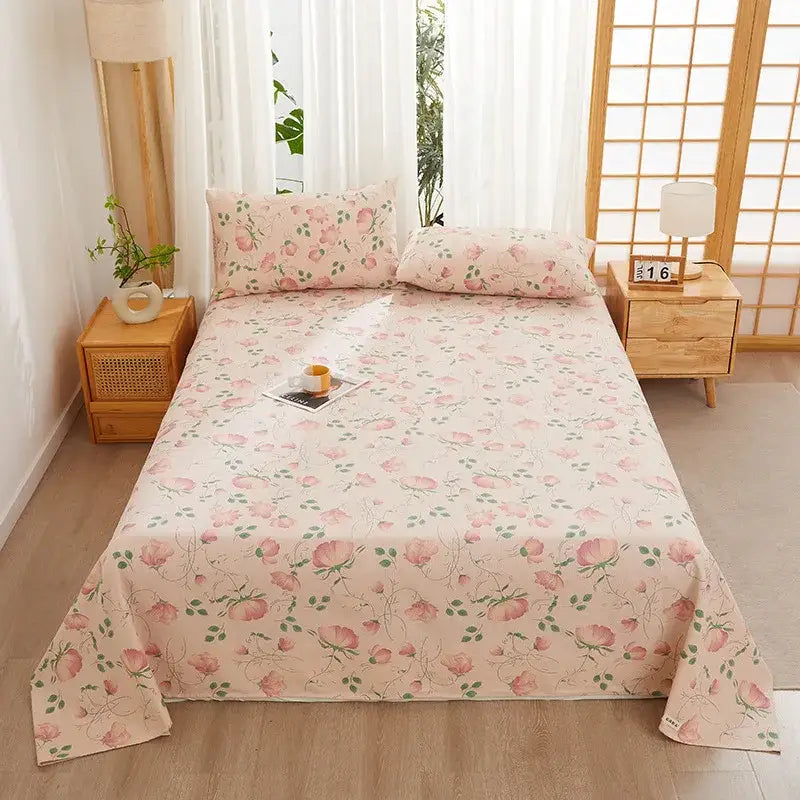 Pink floral patterned printed cotton bedspread with peach and green rose motifs on beige for decorbites cartoon printed decor