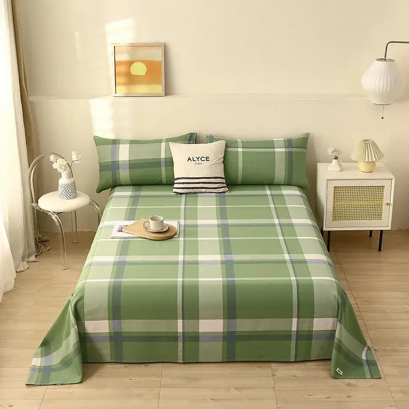 Green and white panda cartoon printed cotton bedspread with green plaid white and light blue stripes for bedroom decorbites cartoon printed decor