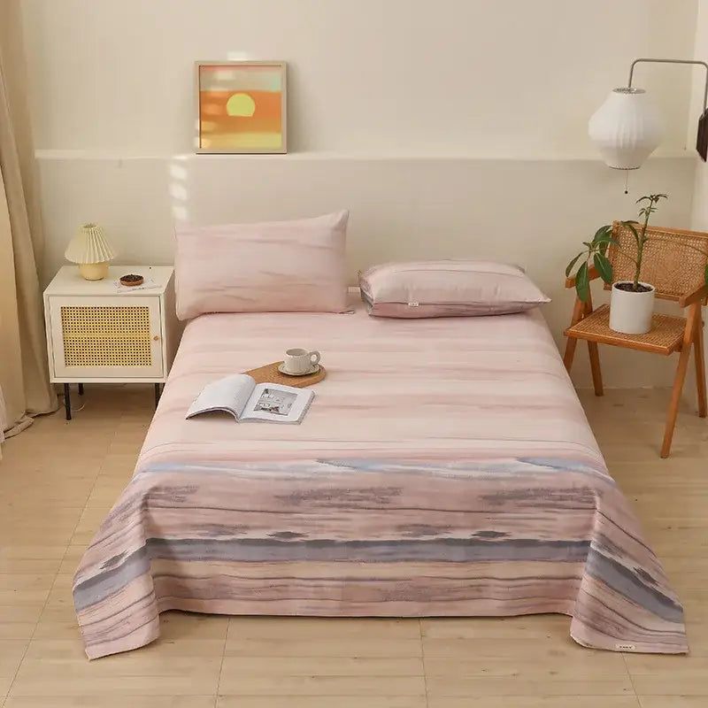 Pink and gray striped soft textured fabric printed cotton bedspread for bedroom decorbites cartoon printed use