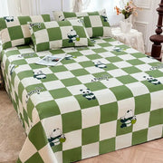 Green and white cartoon printed cotton bedspread with playful panda illustrations and funny text for bedroom decorbites decor
