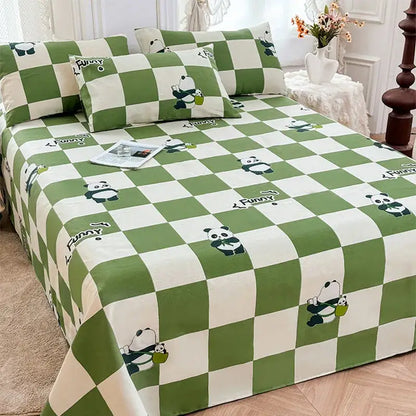 Green and white cartoon printed cotton bedspread with playful panda illustrations and funny text for bedroom decorbites decor