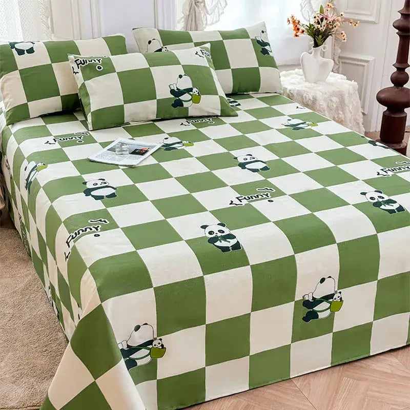 Green and white cartoon printed cotton bedspread with playful panda illustrations and funny text for bedroom decorbites decor