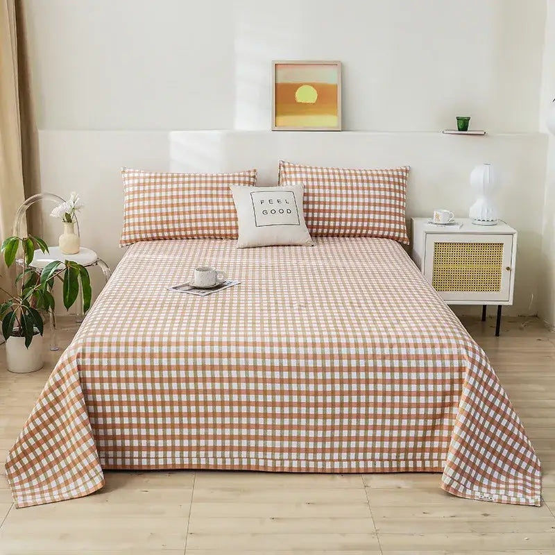 A cozy beige and white gingham printed cotton bedspread with soft woven texture for decorbites cartoon printed bedroom decor
