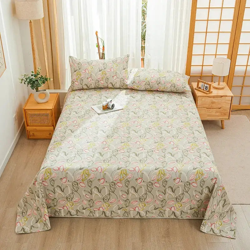A soft light green cartoon printed cotton bedspread with delicate floral pattern for decorbites bedroom decor