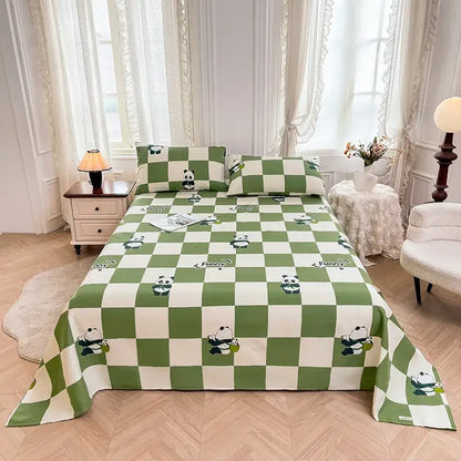 Green and white checkered decorbites cartoon printed cotton bedspread with panda designs for bedroom decor