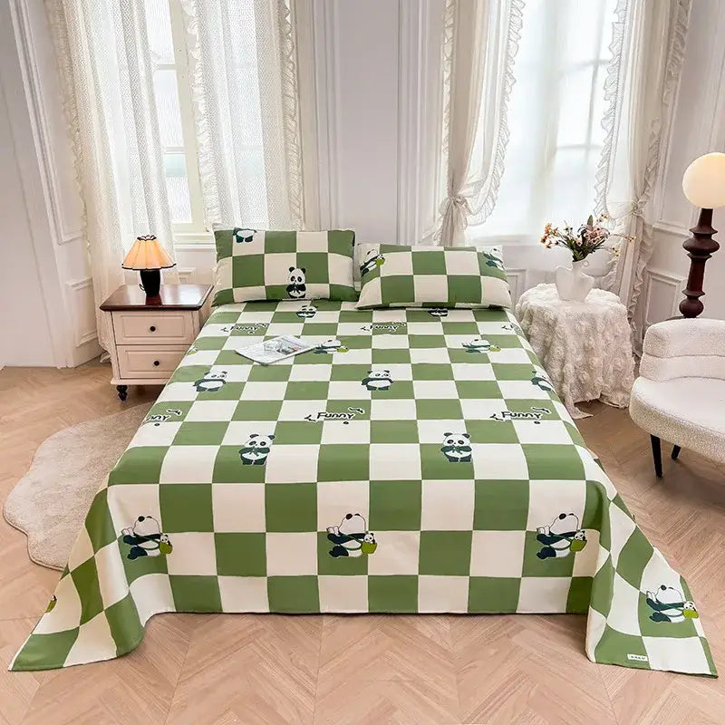 Green and white checkered decorbites cartoon printed cotton bedspread with panda designs for bedroom decor