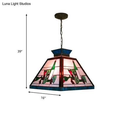 Green and White Stained Glass Tiffany-Style Pendant Light - Single Head Trapezoid Fixture