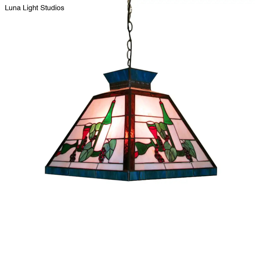 Green and White Stained Glass Tiffany-Style Pendant Light - Single Head Trapezoid Fixture