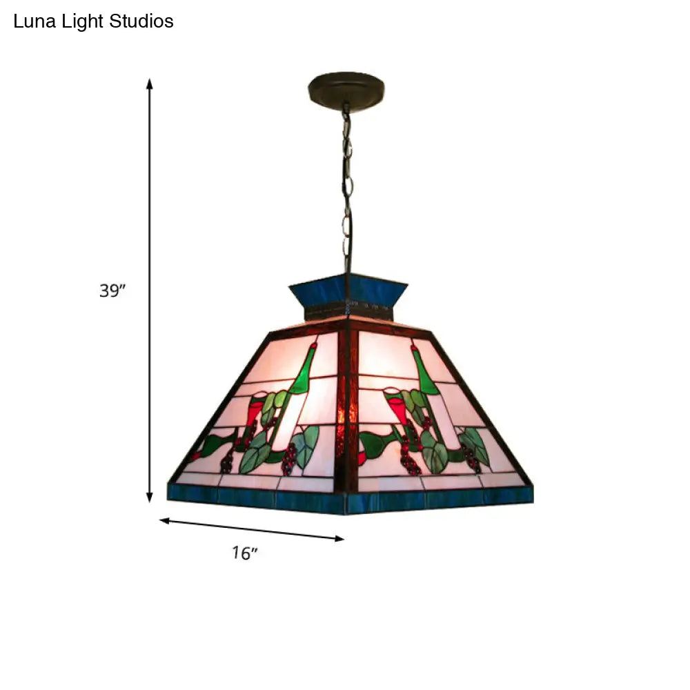 Green and White Stained Glass Tiffany-Style Pendant Light - Single Head Trapezoid Fixture