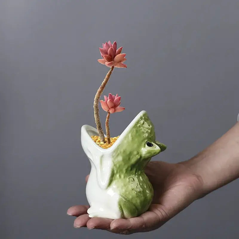 Green and yellow ceramic flower pot shaped like a cute frog with pink succulents for decorbites cute frog decor