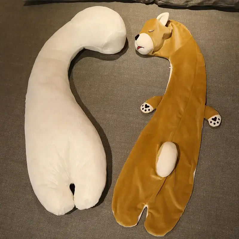 A plush tan shiba inu cartoon animal body pillow with white accents perfect for decorbites cartoon animal bedroom decor
