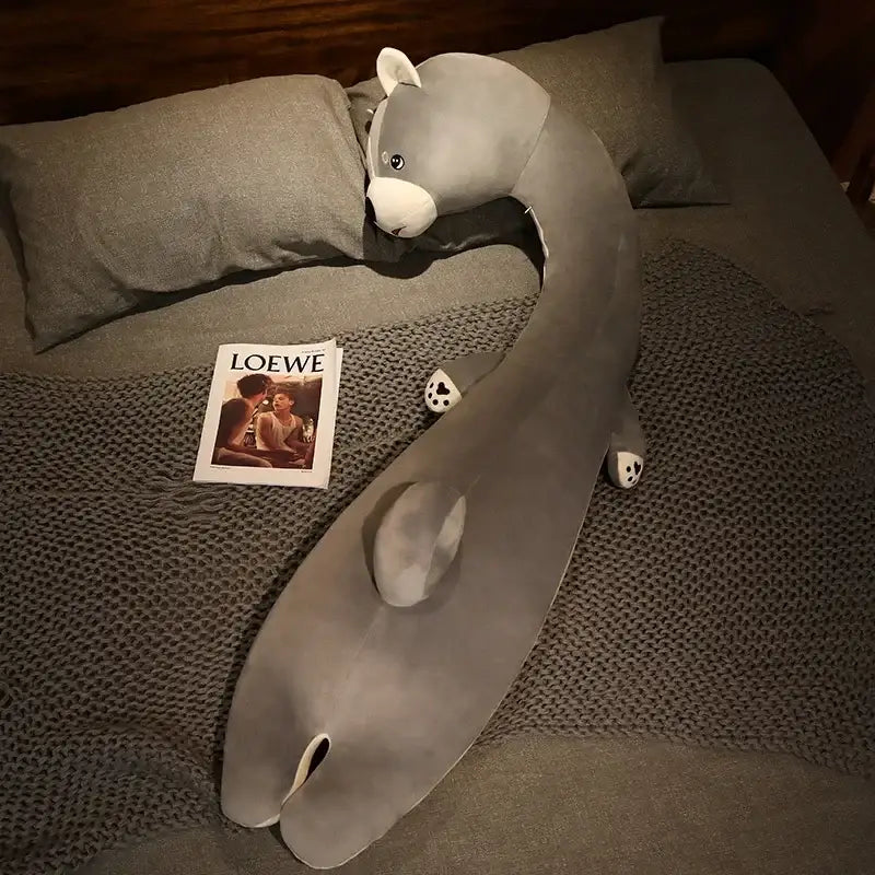 A long gray plush bear-shaped body pillow with white accents for decorbites cartoon animal bedroom decor