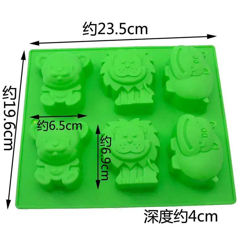 Green silicone mold with six animal cavities including bears lions and pigs from decorbites lion hippo silicone tray