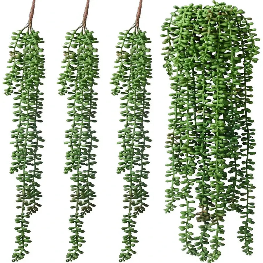 Green artificial fern vine hanging plant with four artificial string of pearls succulents for living room decor