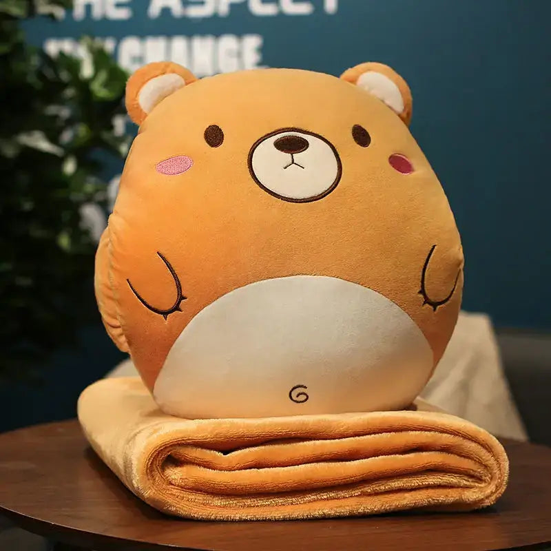 Cute orange plush bear pillow blanket with embroidered features soft fluffy texture decorbites cartoon animal throw