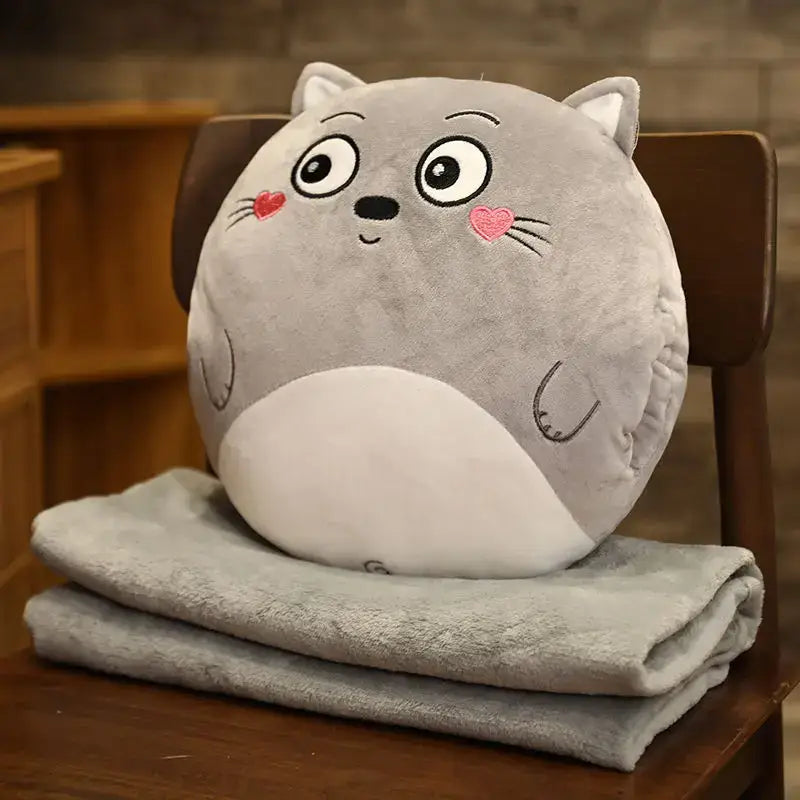 Gray plush cat-shaped pillow blanket with pink heart cheeks and white belly patch for decorbites cartoon animal decor