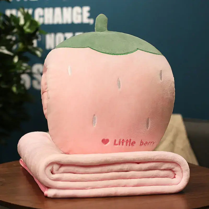 Pink strawberry-shaped plush pillow with embroidered little berry text for decorbites cartoon animal throw pillow blanket