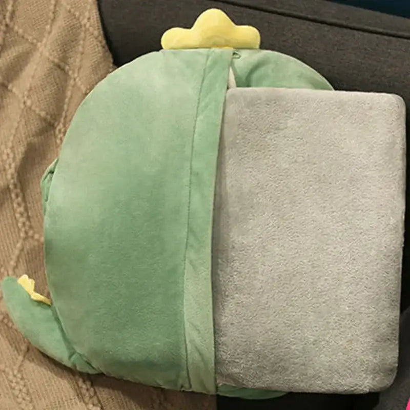 Green avocado cartoon animal pillow blanket featuring a plush green dinosaur with yellow crown and gray towel insert decorbites cartoon animal throw