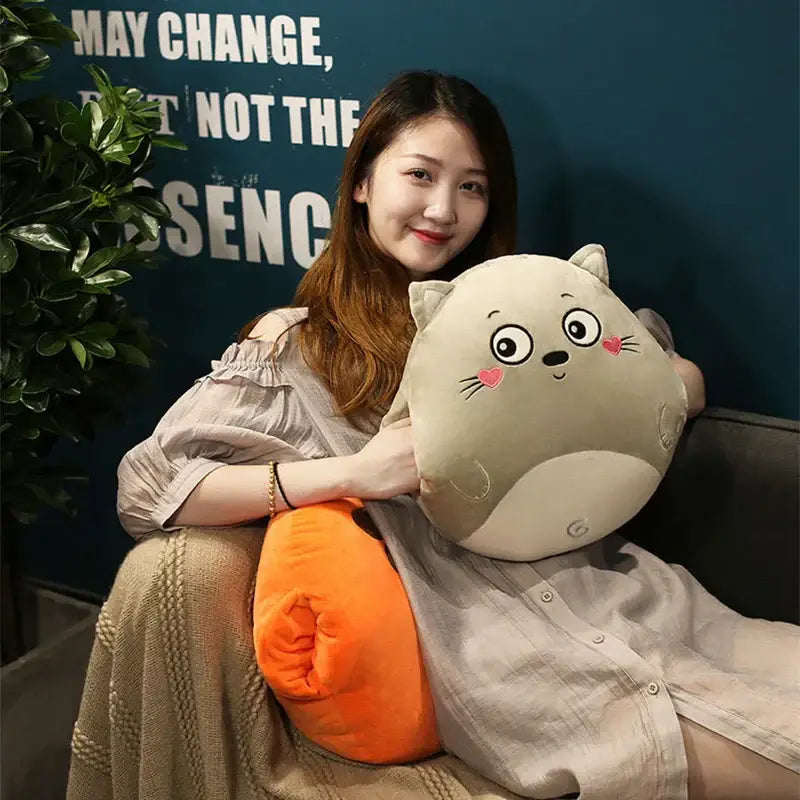 Soft beige plush cat pillow with orange tail and embroidered face for decorbites cartoon animal pillow blanket bedroom decor