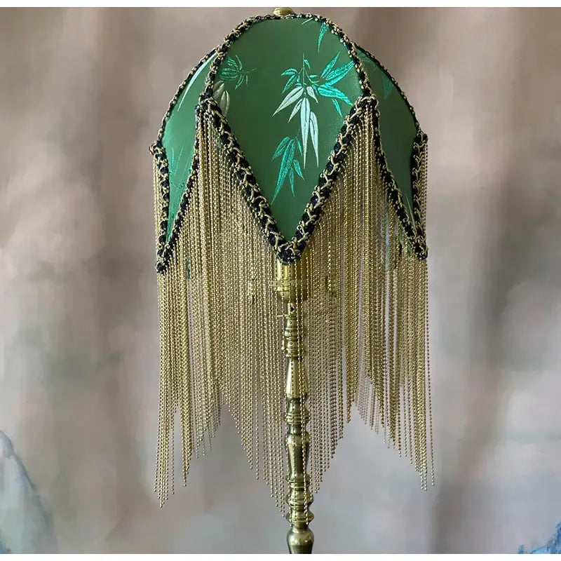 Green silk lampshade with bamboo leaf jacquard embroidery and brass fringe for bedroom lighting