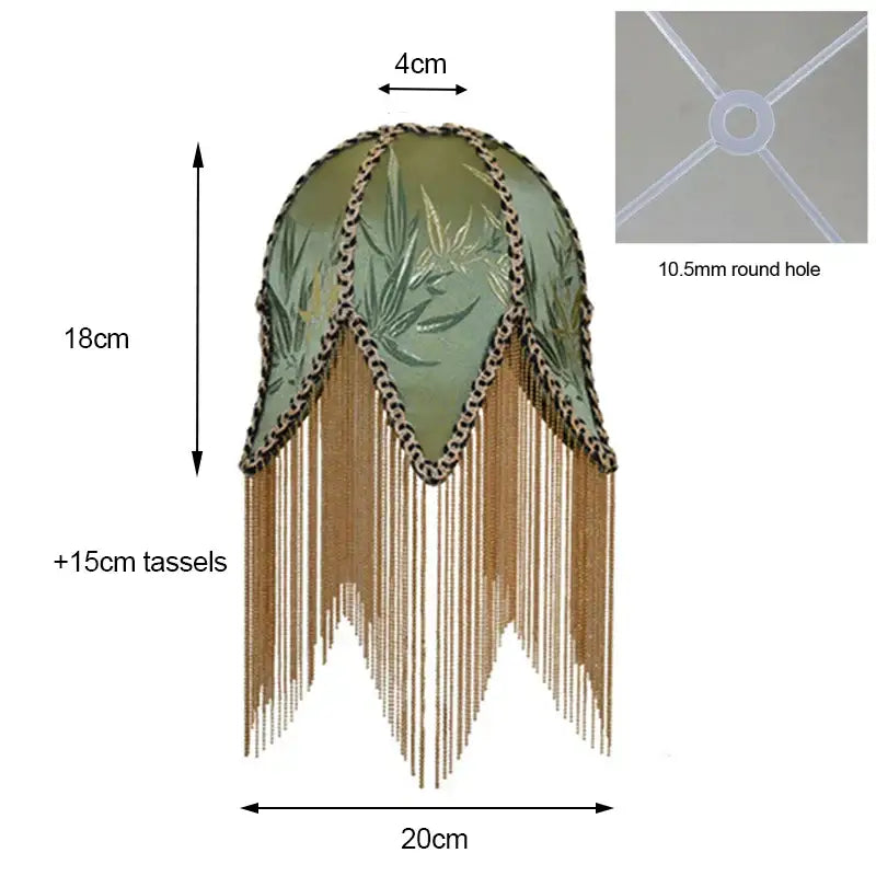 Green bamboo leaf jacquard satin lampshade with leopard trim and gold tassels for bedroom lighting decor