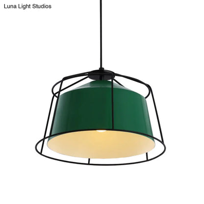 Green Barn Pendant Light: Loft Aluminum 1-Light Fixture with Cage Guard for Living Room Down Lighting