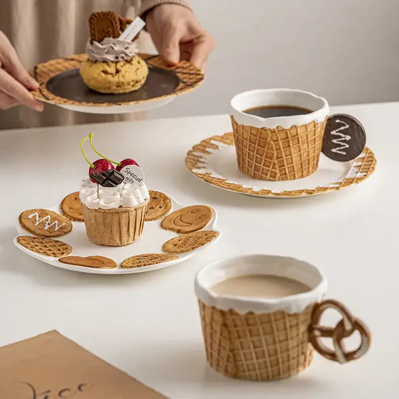 Green and beige creative biscuit ceramic waffle cone mugs with pretzel handles and white rims from decorbites biscuit ceramic tableware