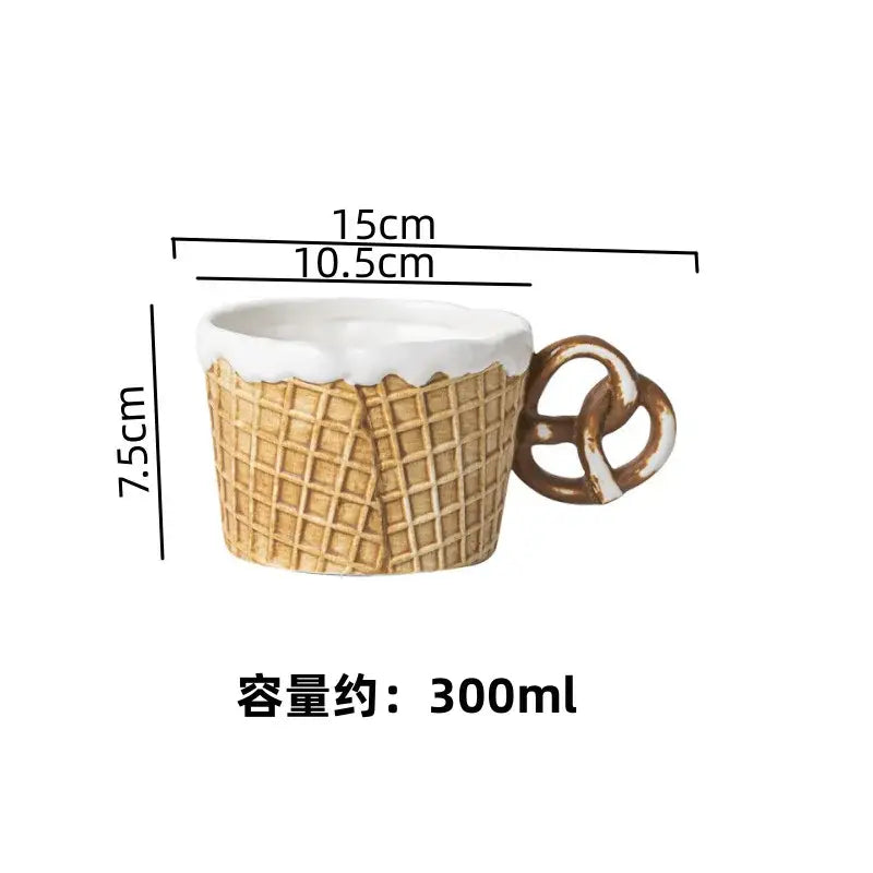 Green and beige creative biscuit ceramic tableware set mug shaped like waffle cone with pretzel handle 300ml capacity
