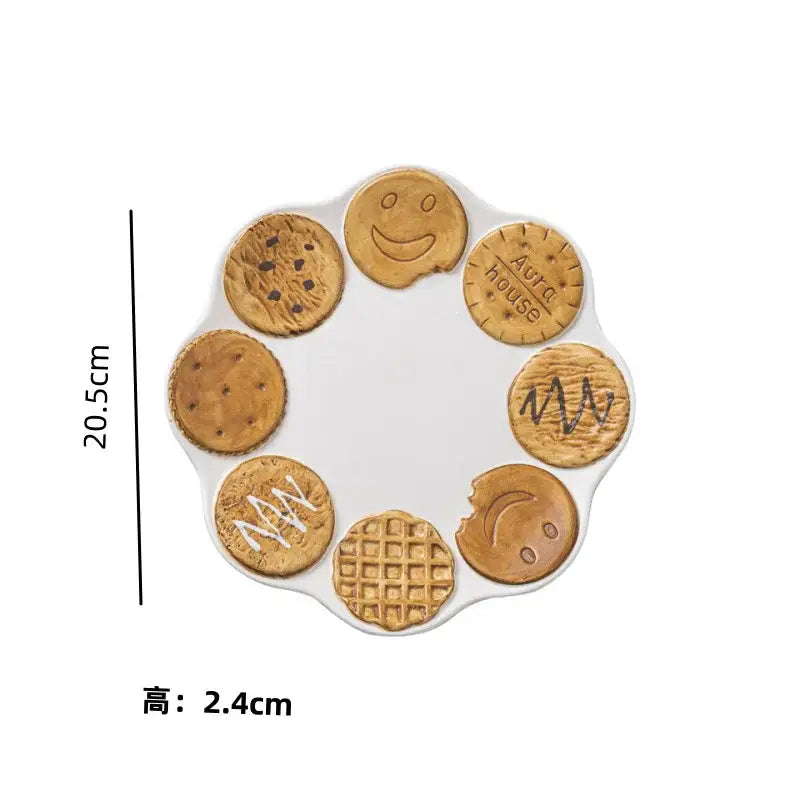 White ceramic plate with scalloped edges and eight golden-brown decorbites creative biscuit decorations