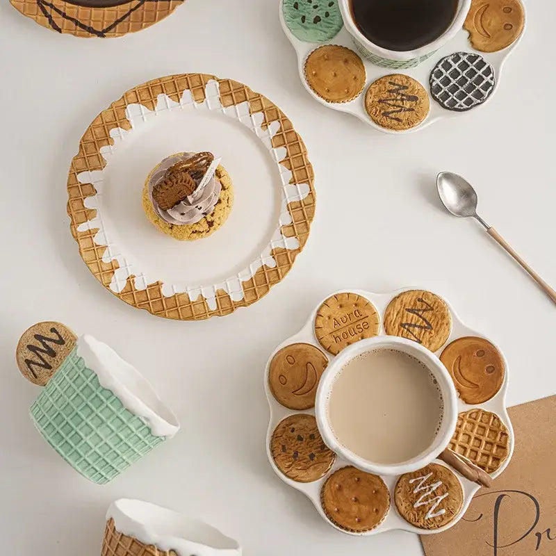 White ceramic plate with golden waffle-patterned rim and scalloped edge in decorbites creative biscuit ceramic tableware set