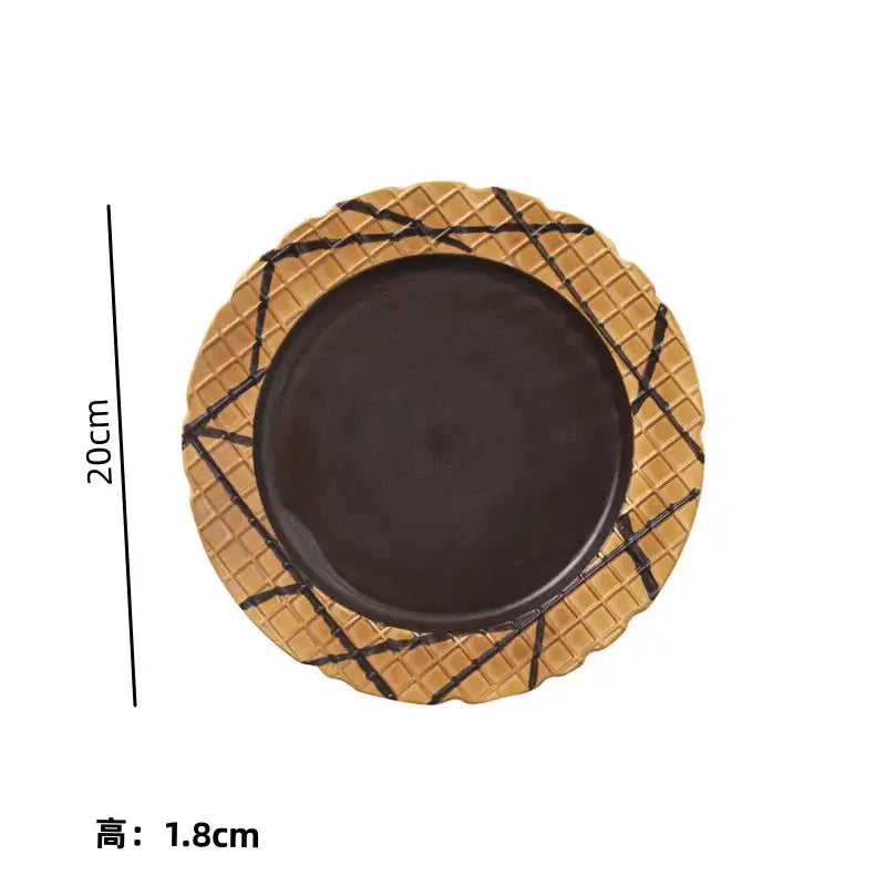 A creative biscuit ceramic round plate with a golden-brown waffle rim and dark brown center for biscuit ceramic tableware