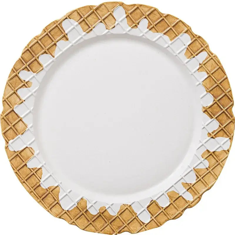 A white and gold waffle cone themed plate with glossy finish from decorbites creative biscuit ceramic tableware set