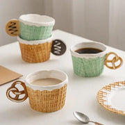 Green and beige creative biscuit ceramic coffee mugs shaped like waffle cones with pretzel handles for tableware decorbites creative biscuit