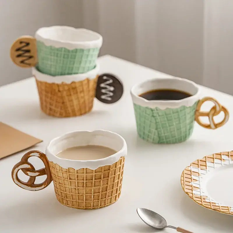Green and beige creative biscuit ceramic coffee mugs shaped like waffle cones with pretzel handles for tableware decorbites creative biscuit