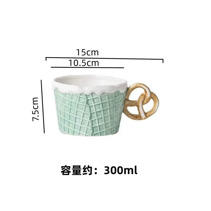 A mint green creative biscuit ceramic mug with white waffle rim and pretzel handle from decorbites biscuit ceramic tableware