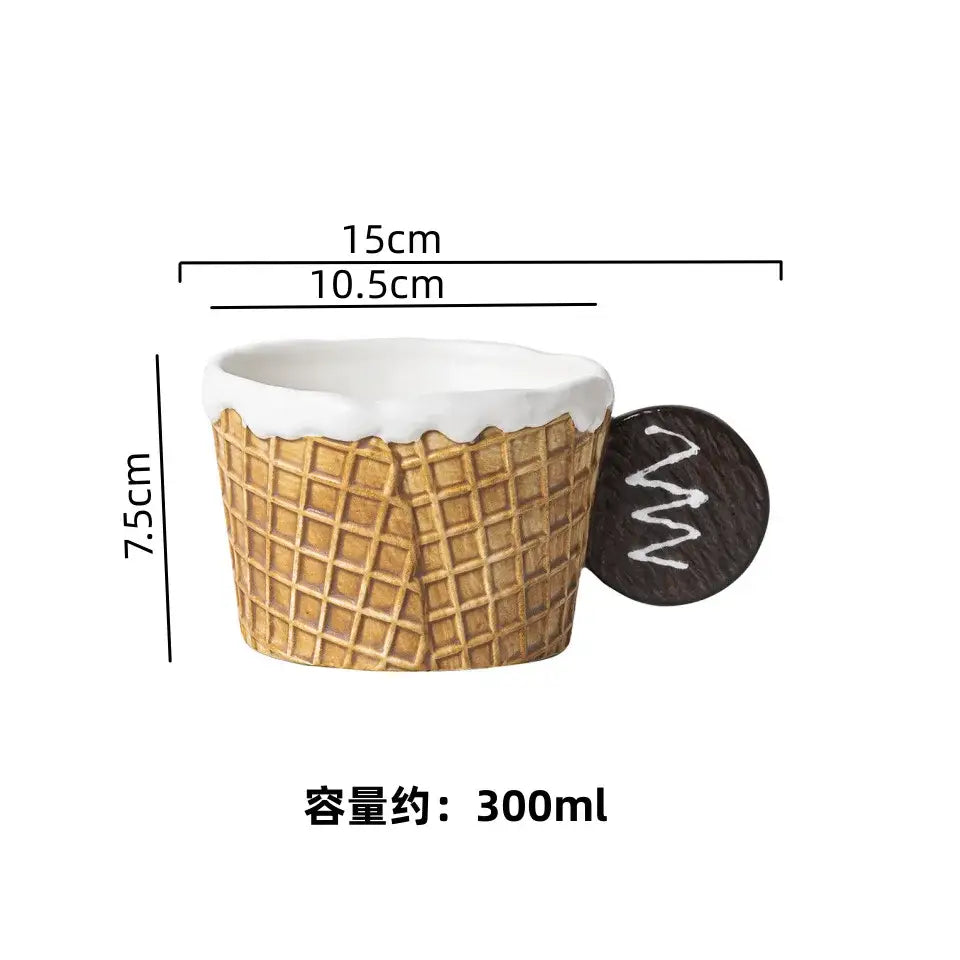 A green and beige creative biscuit ceramic tableware set features a miniature waffle cone-shaped planter with white topping and chocolate handle