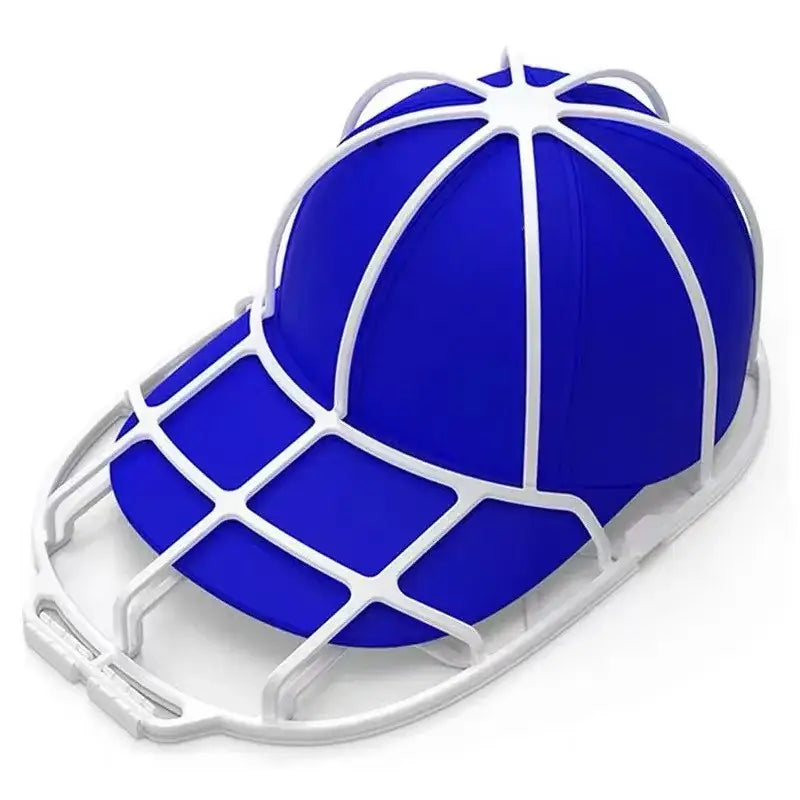 White plastic cap protector with grid design snugly holding a blue baseball cap in green and black mesh cap washer dryer frame decorbites baseball cap