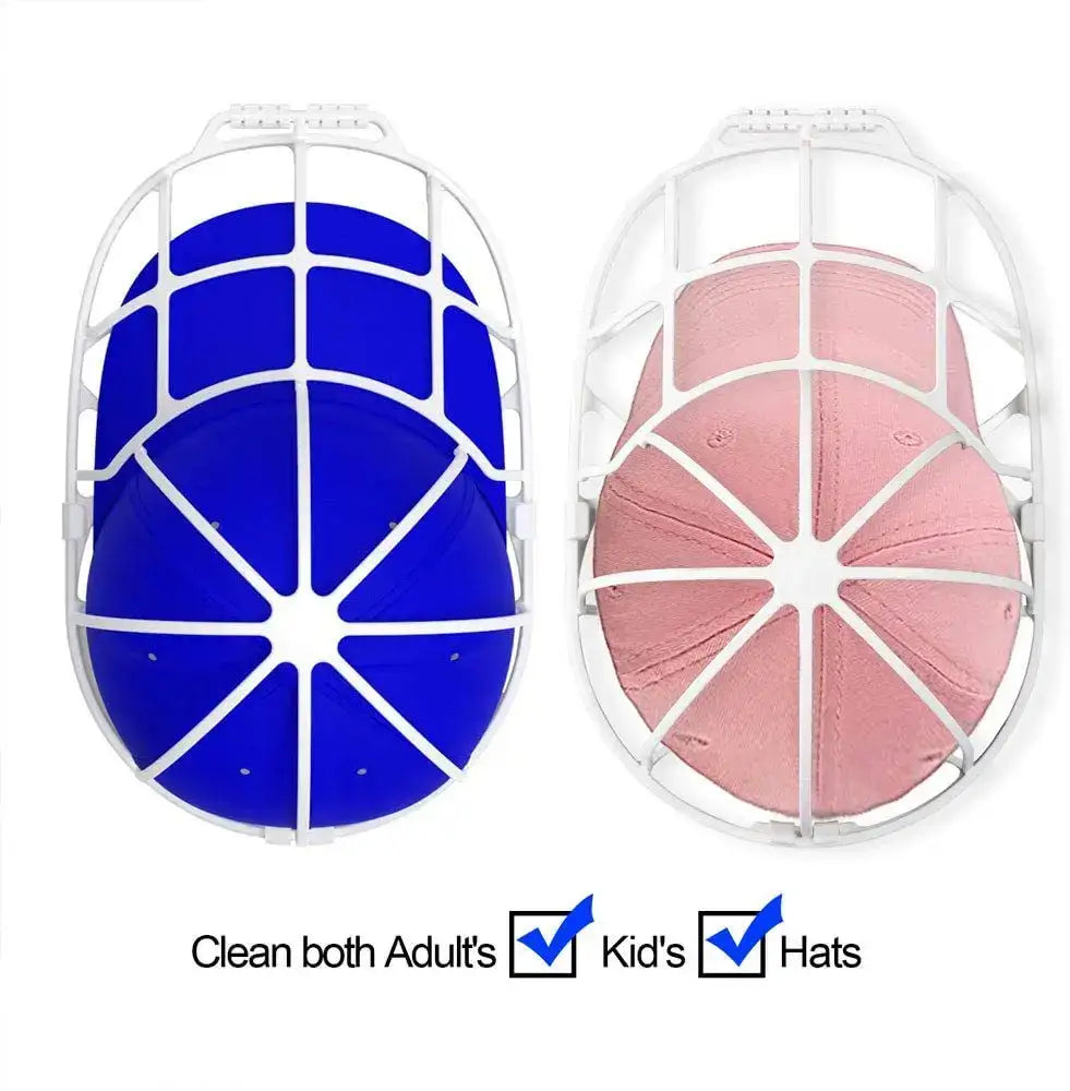 White plastic cap washer and dryer frame with mesh design holding blue and pink decorbites baseball caps for cleaning
