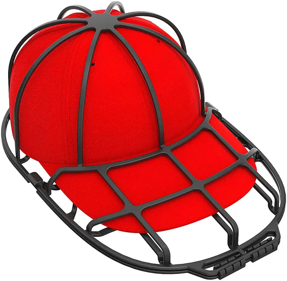 Black metal cap washer dryer frame with green and black mesh holds a red decorbites baseball cap inside