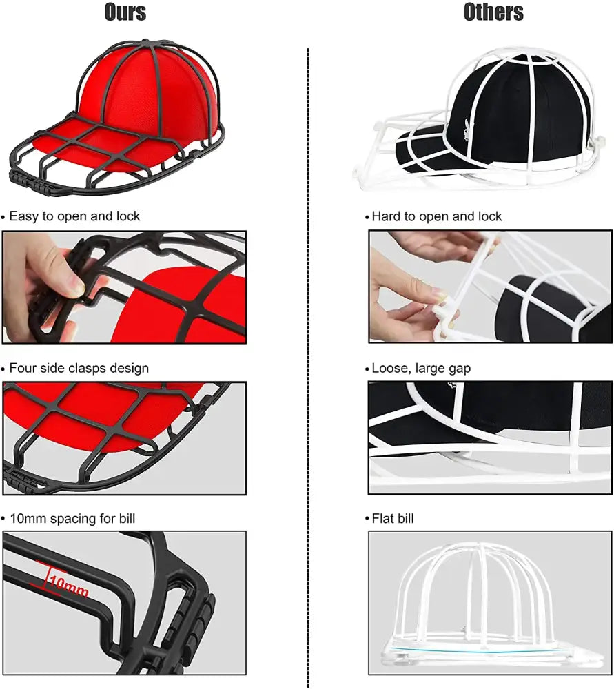 Black plastic cap guard with grid design and four side clasps for secure fit in green and black decorbites baseball cap washer dryer frame