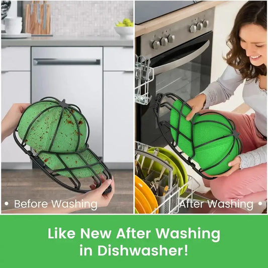 Green mesh cap washer with black metal dryer frame for decorbites baseball cap laundry room use
