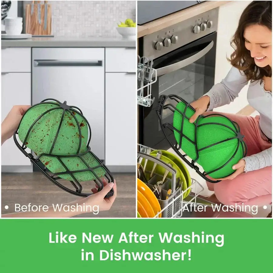 Green mesh cap washer with black metal dryer frame for decorbites baseball cap laundry room use
