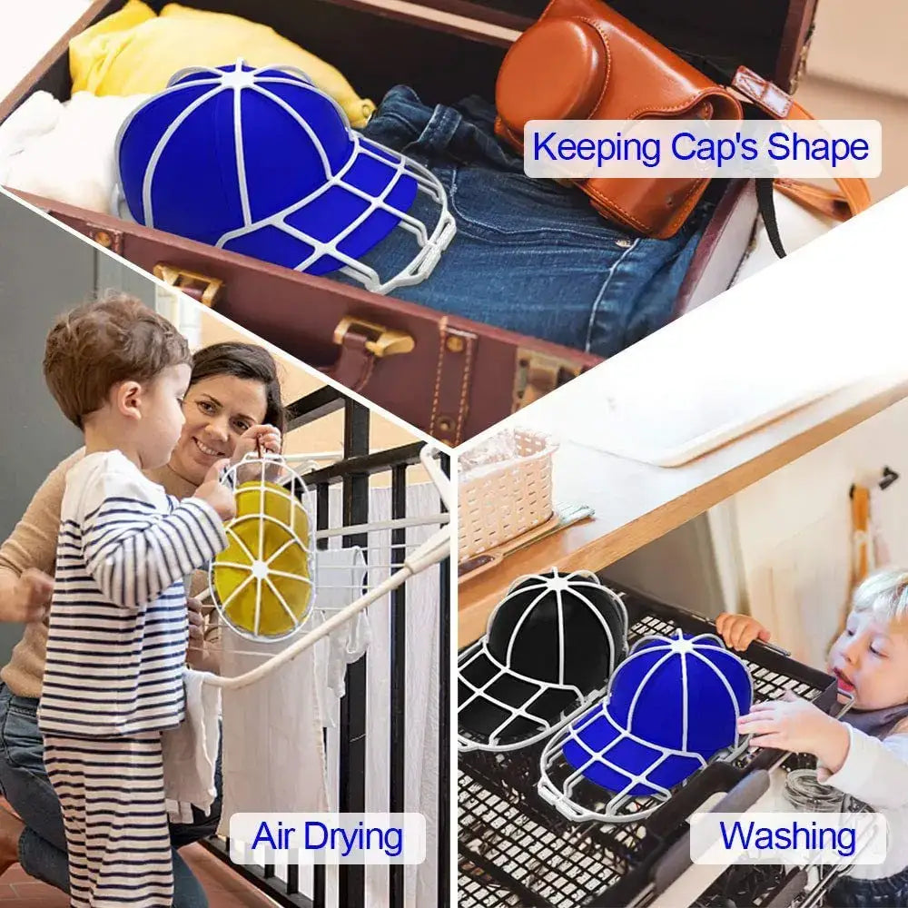 Blue and white mesh cap washer and dryer frame protector for decorbites baseball cap storage and cleaning