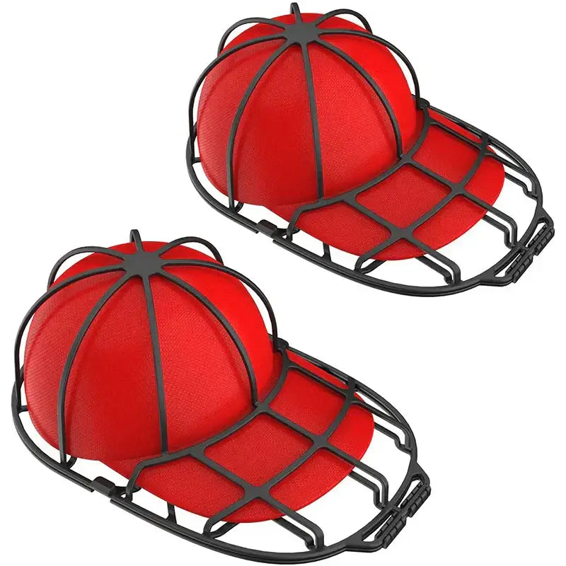 Red baseball caps with black protective cage guards shown inside green and black mesh cap washer dryer frame decorbites baseball cap cleaner
